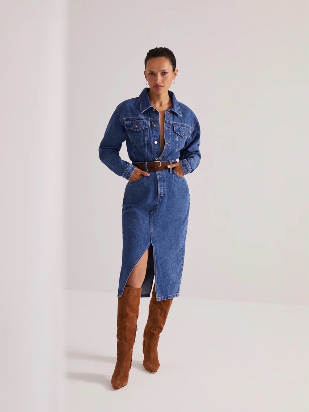 Favorite Daughter Blue Denim City Dress with Front Slit